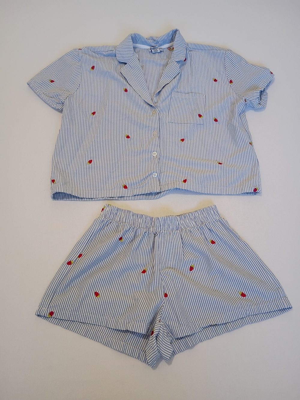 Better Together Blue Striped Pj Short Set Sz S Whimsical Strawberry Embroidered